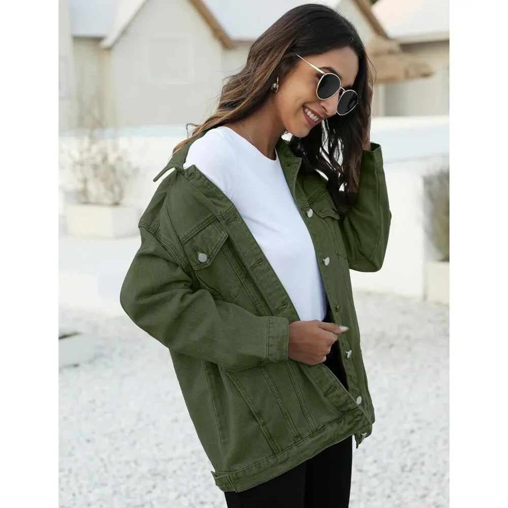 Women's Oversized Mid Long Denim Jacket Jean Biker Coat Long Sleeves Green - Picture 5 of 8
